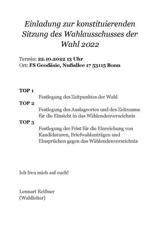 Einladung konstituierenden Sitzung des Wahlausschusses 2022