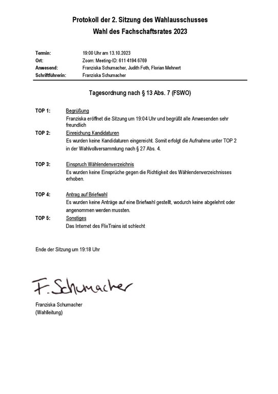 Protokoll der 2. Sitzung des Wahlausschusses